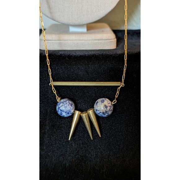 Gold Tone Paperclip Chain Bar Three Cone Two Sodalite Stone Bead Necklace - Picture 2 of 4